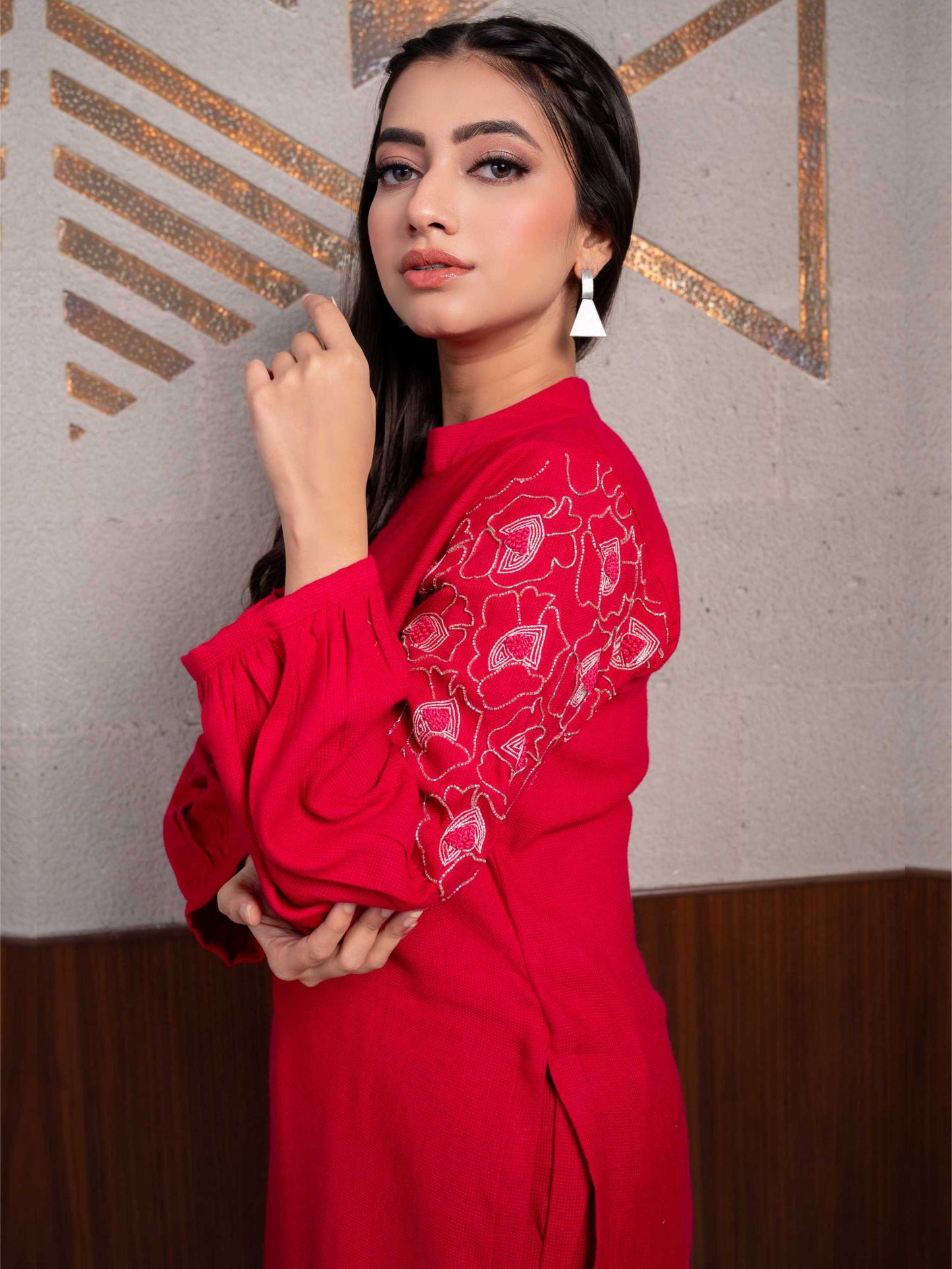 Pink Cotton Embellished Sleeves Kurta Set