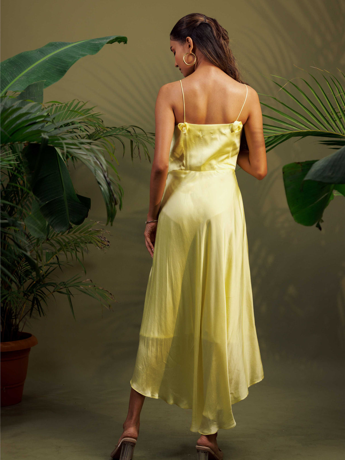 Pastel Yellow Satin Midi Dress