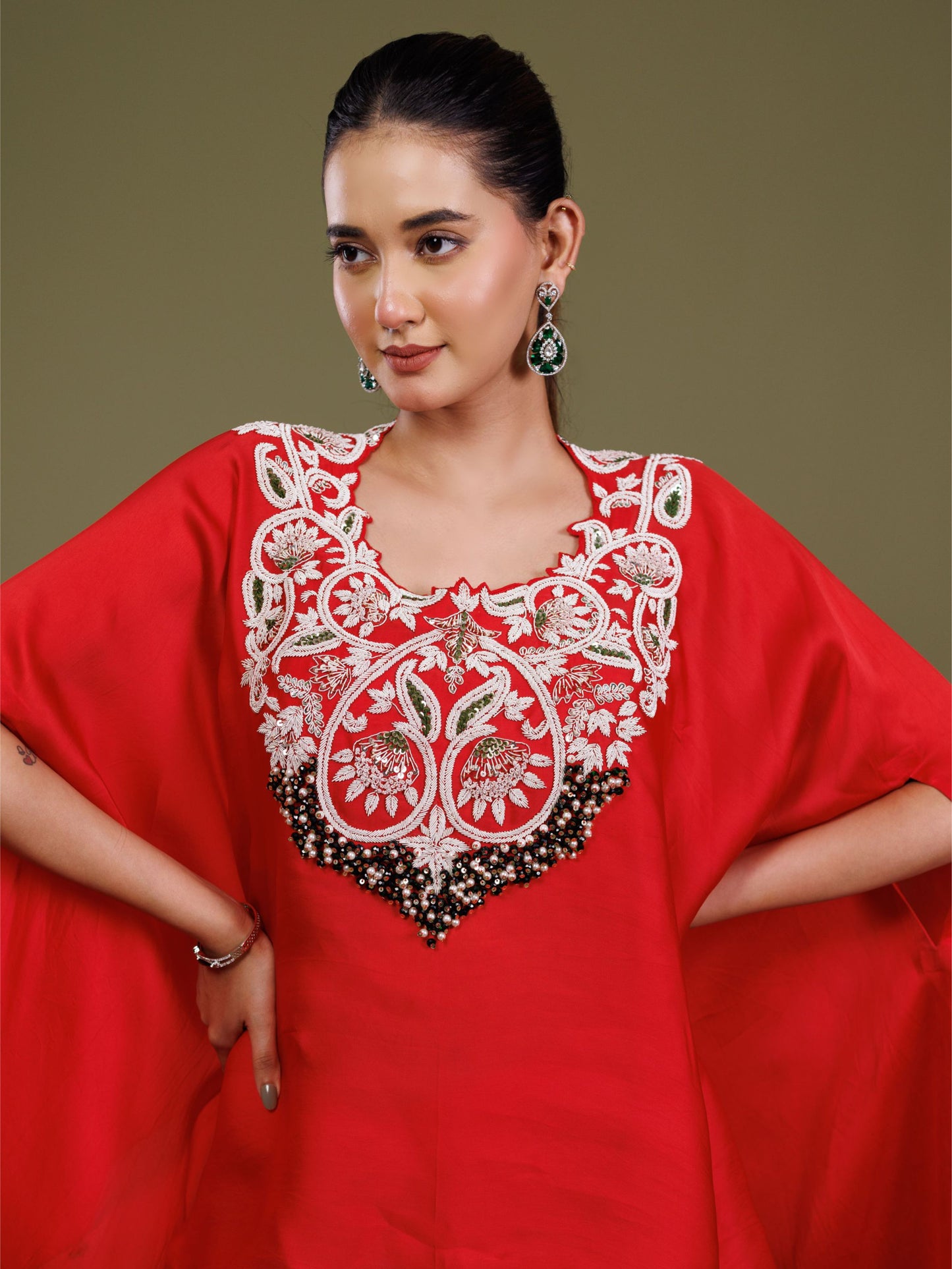 Red Organza Embroidered Cape Skirt Set