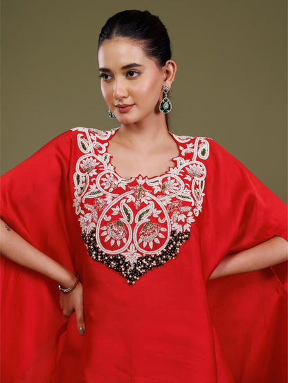 Red Organza Embroidered Cape Skirt Set