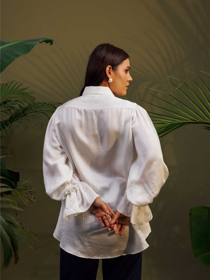 White Embroidered Ruffle Sleeve Shirt
