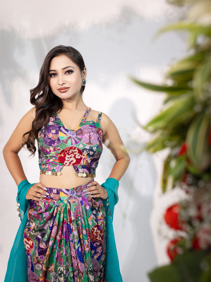 Printed Cape Dhoti Set
