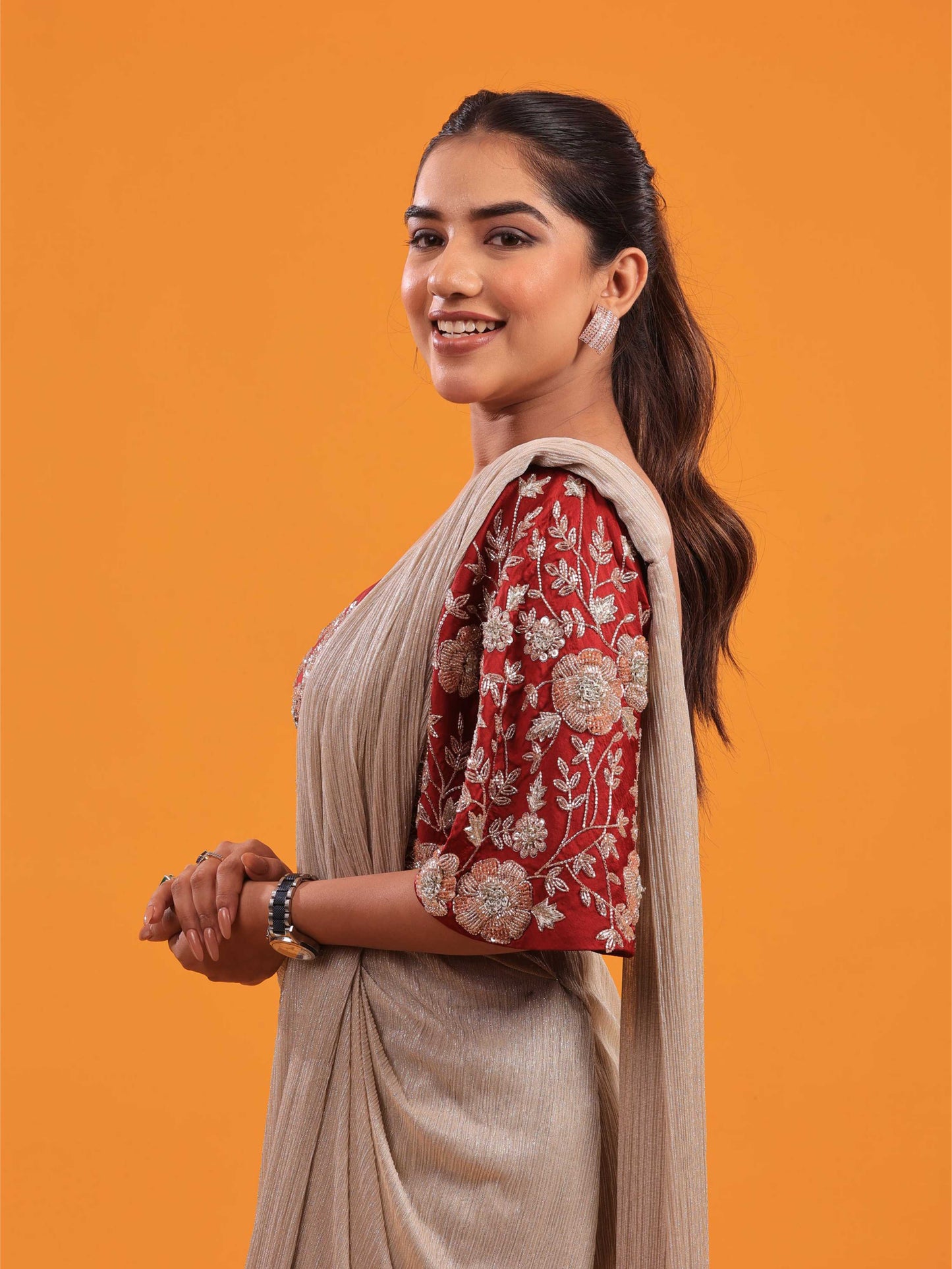 Maroon Golden Drape Saree