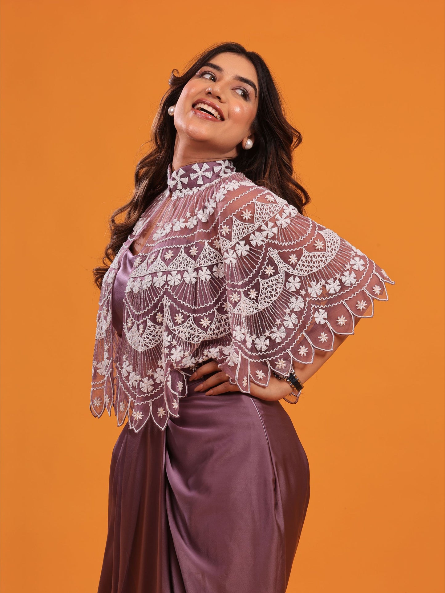 Lavender Dhoti  Set With Embellished Cape