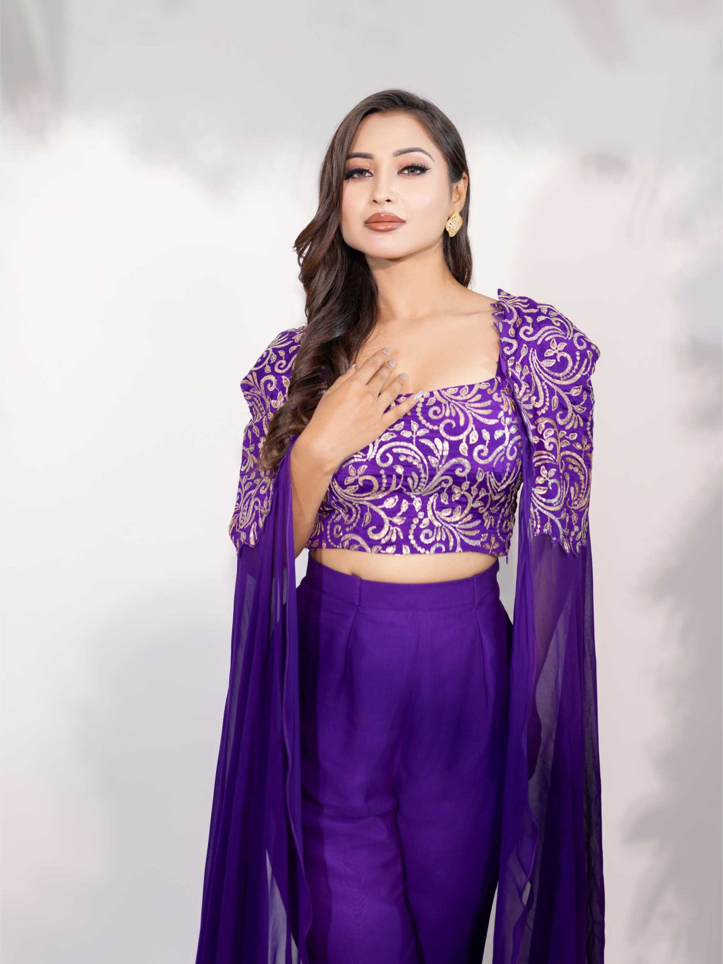Dark Purple Cape Sleeves Pant Set
