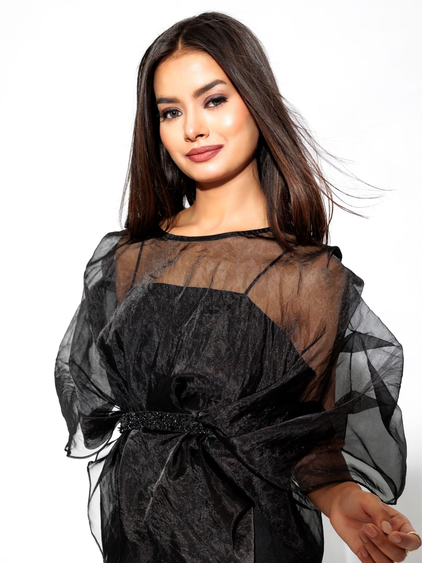 Black Cape Top Cord Set With Embroidered Belt.