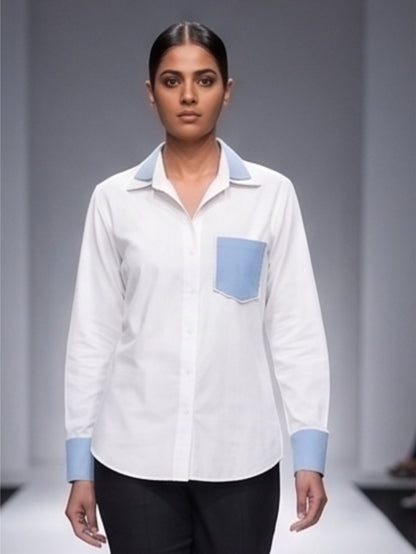 Denim Collar Pearl Work Cotton Shirt