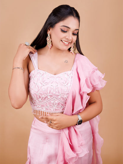 Pink Pre Draped Fish Cut Indo Western