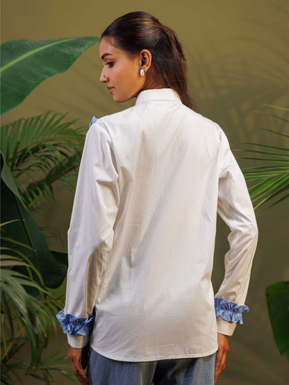 White Shirt with Blue Ruffle Detail