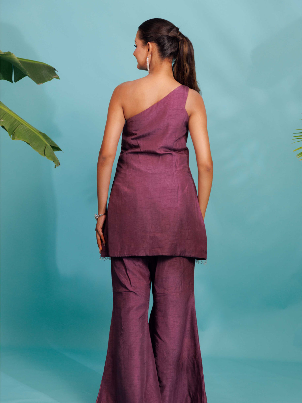 Wine Embroidered Asymmetric Co-ord Set