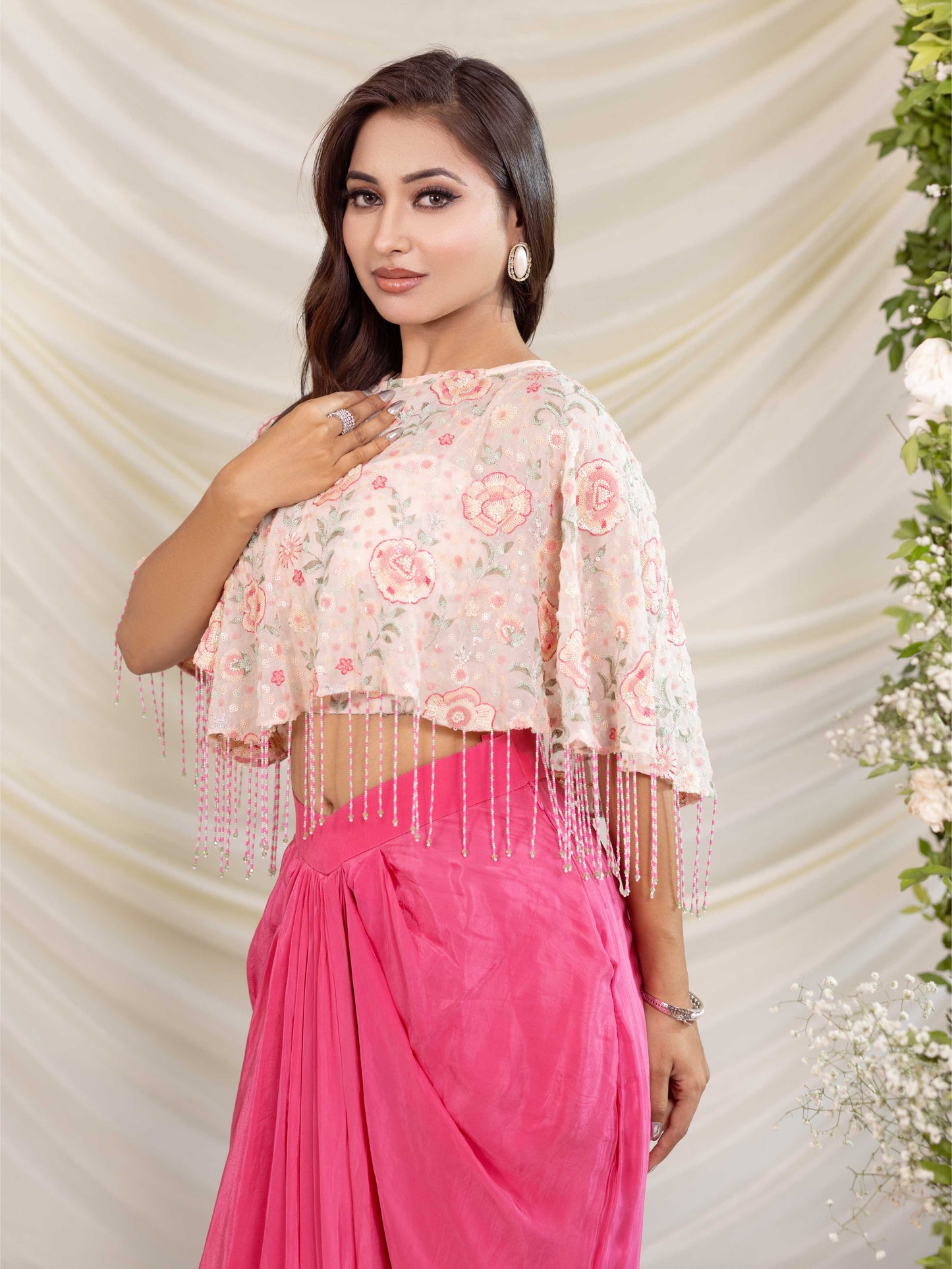 Pink Multi Embroidered Drape Skirt Set