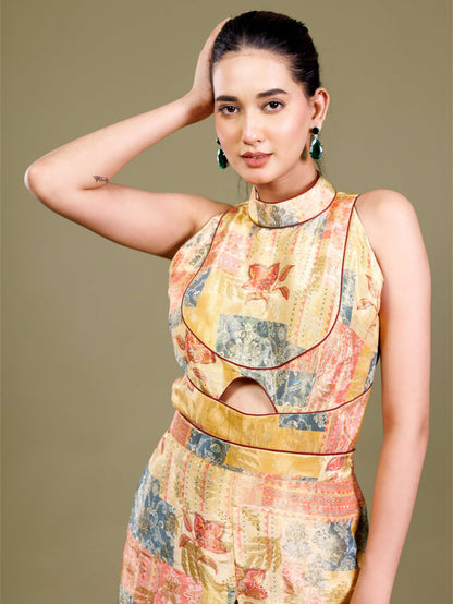 Golden Patchwork Halter Neck Jumpsuit