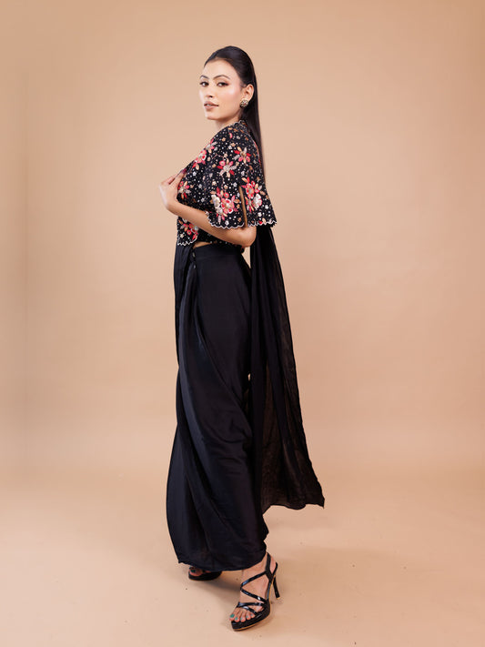 Black Embroidered Jacket With Drape Saree