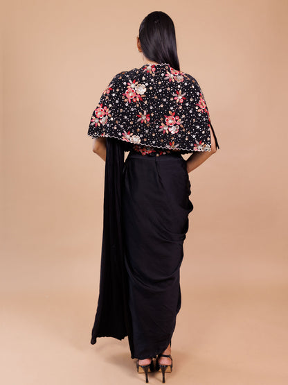 Black Embroidered Jacket With Drape Saree