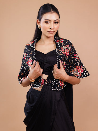 Black Embroidered Jacket With Drape Saree