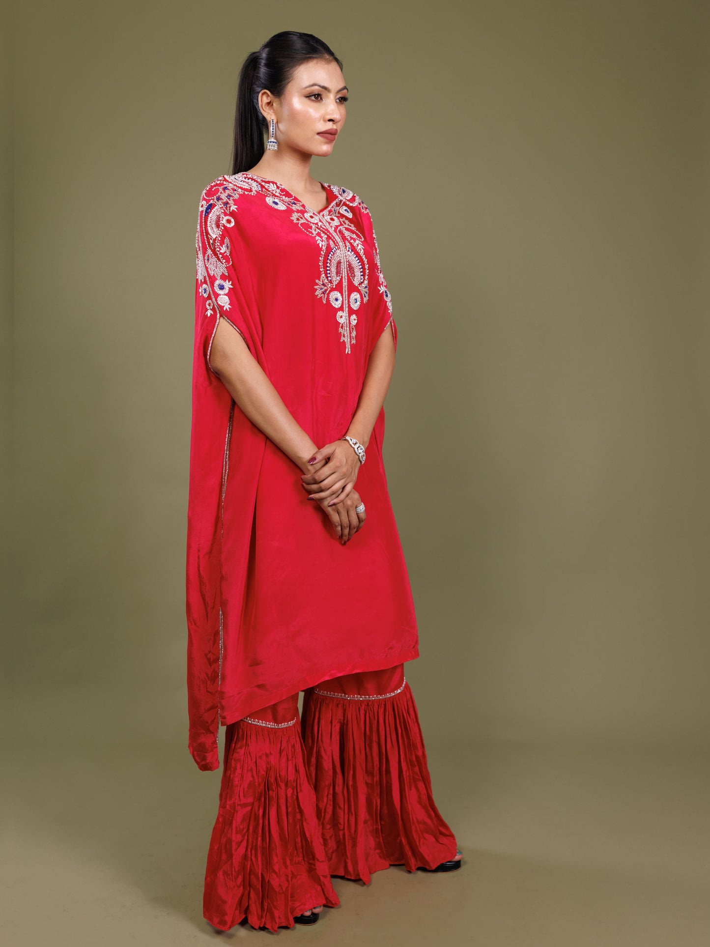 Red Embroidered Kaftan Set