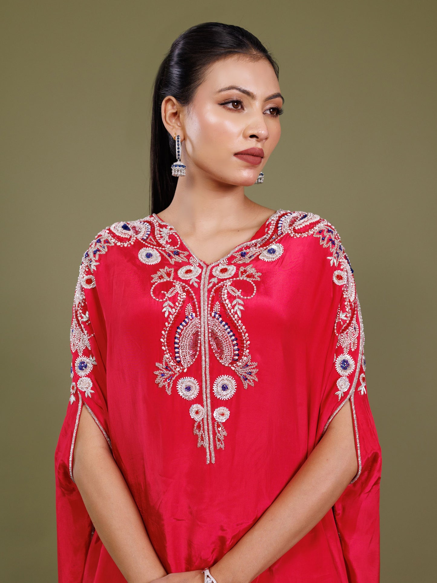 Red Embroidered Kaftan Set