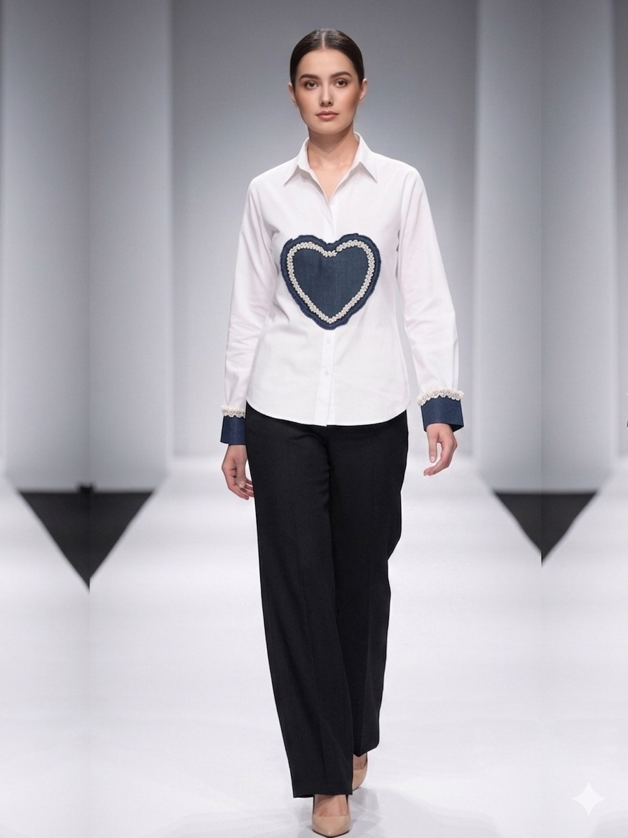 White Denim Heart Shirt