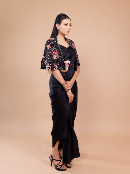 Black Embroidered Jacket With Drape Saree