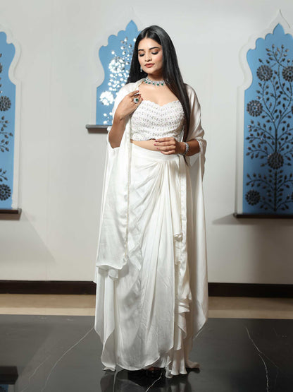 White Draped Skirt Set With Cape