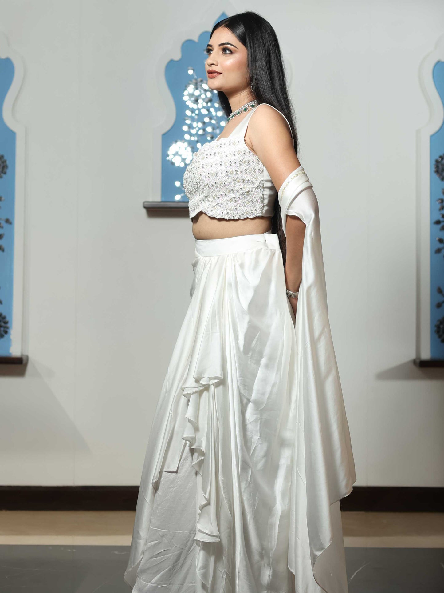 White Draped Skirt Set With Cape